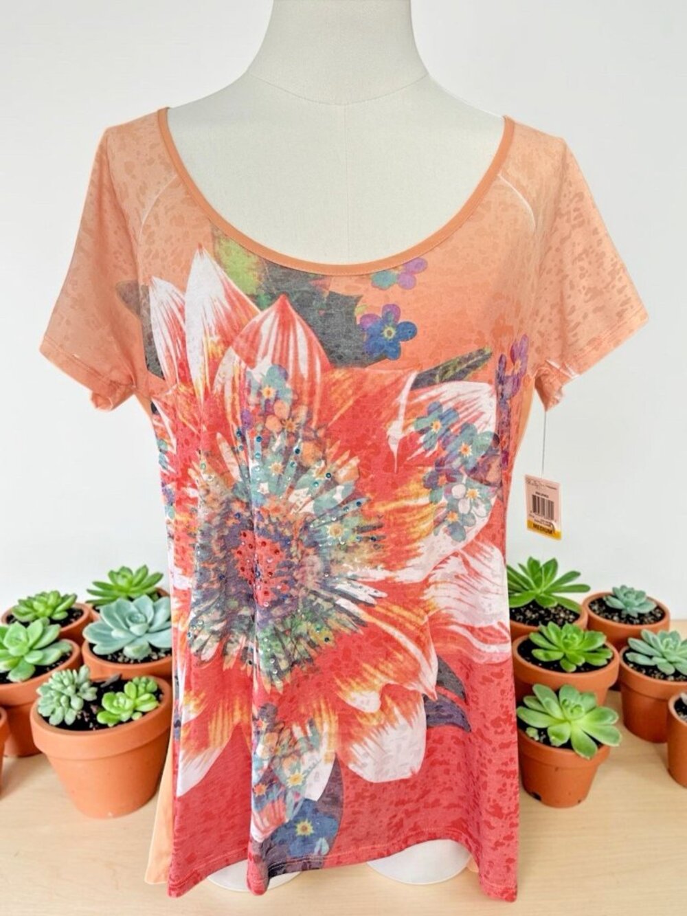 Style & Co. Orange/Multicolor Embellished Flower Top-Size Medium-NWT